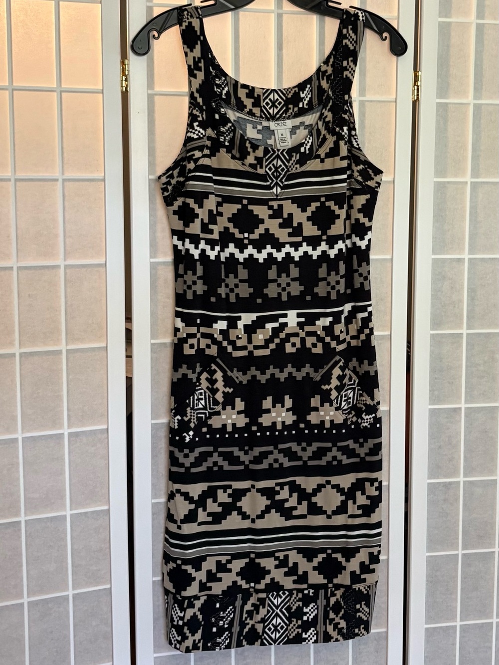 Cache Black Taupe and White Geometric Sleeveless Dress